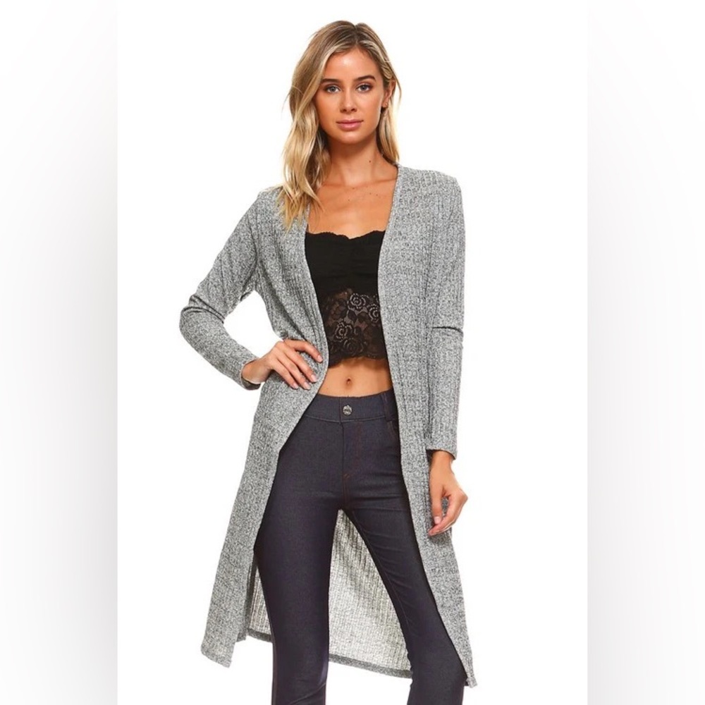 Shimmer Gray Open Front Long Cardigan Sweater